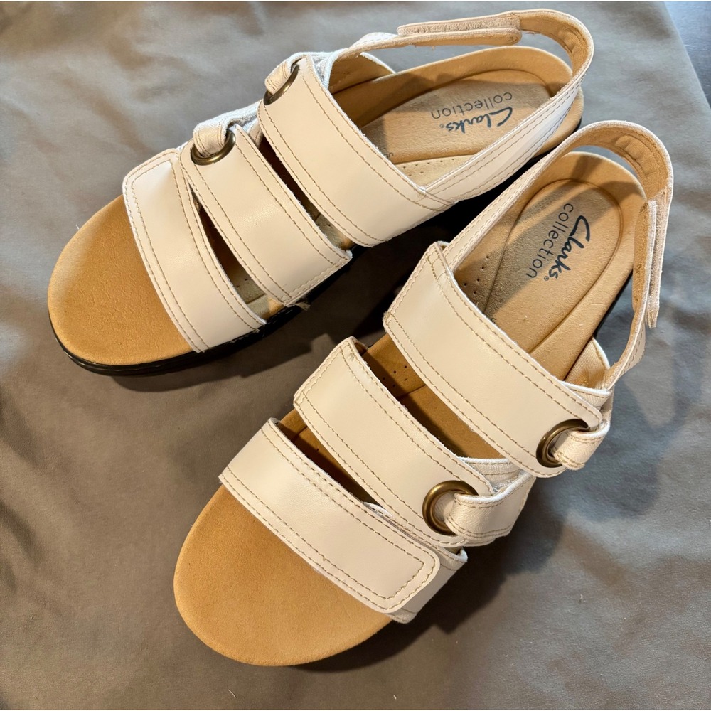 Clarks Merliah2 Bali White Leather Wedge Sandals Womens 8.5 M Comfort Strappy